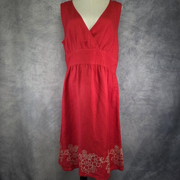 Izod Dress Womens 12 Red Sleeveless Floral Embroidered Linen Blend V Neck Summer - Picture 1 of 16